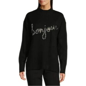 Karl Lagerfeld Black Embellished Bonjour Sweater Mock Neck Long Sleeve